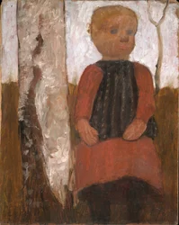 Child in Red Dress by a Birch Tree